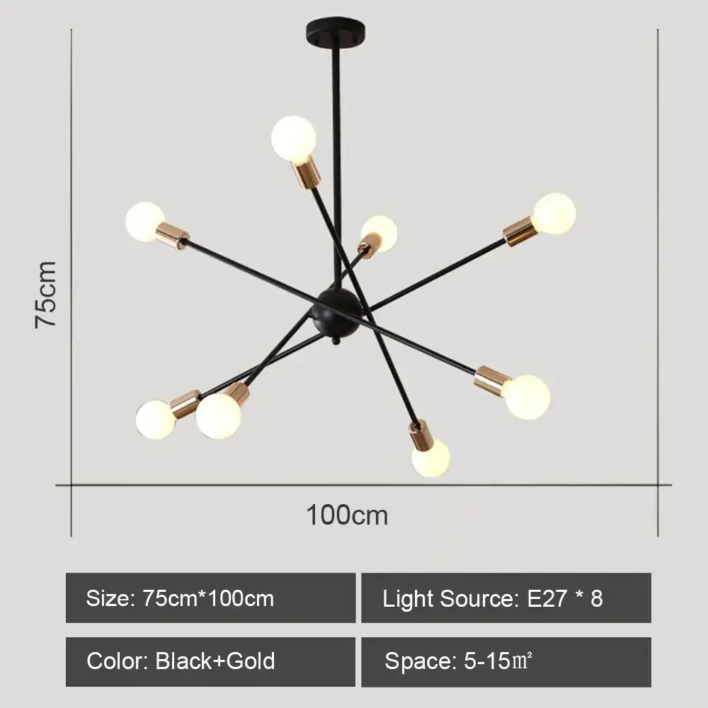 Black and gold decorbites led metal chandelier with eight exposed bulb lights for stylish living room ceiling light