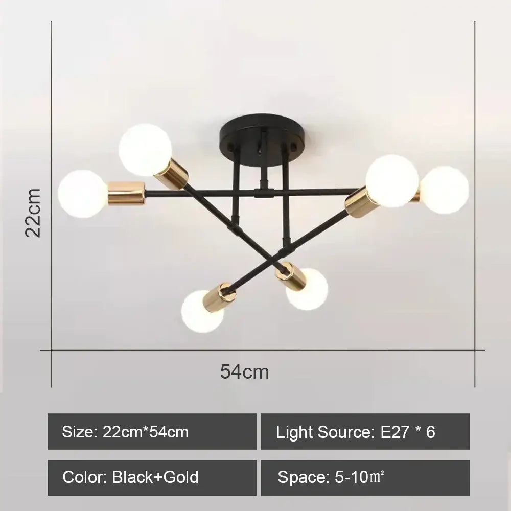Black and gold modern decorbites led metal ceiling light fixture with six spherical bulbs for living room decor