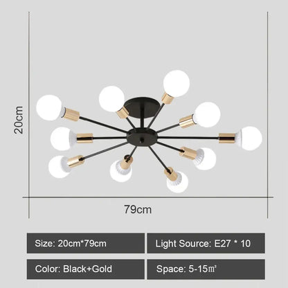 Black and gold decorbites led metal chandelier with ten white spherical bulbs stylish ceiling light for living room decor