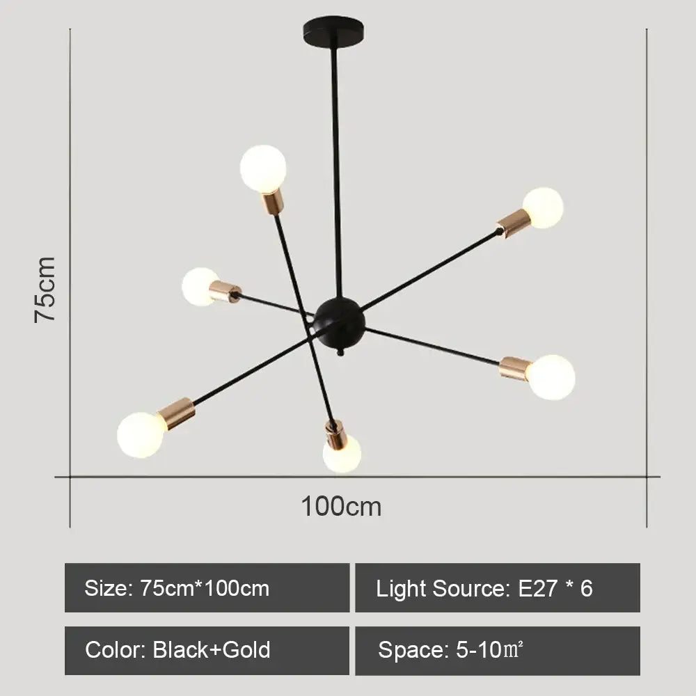 Black and gold decorbites led metal chandelier with six exposed bulbs ceiling light for stylish living room decor