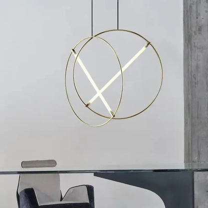 Modern gold-toned decorbites led metal pendant light with circular design and intersecting illuminated led strips for dining room and bedroom