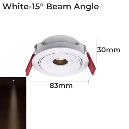 White decorbites led mini ceiling downlight with 15° beam angle, red adjustment levers, 83mm diameter, and 30mm depth