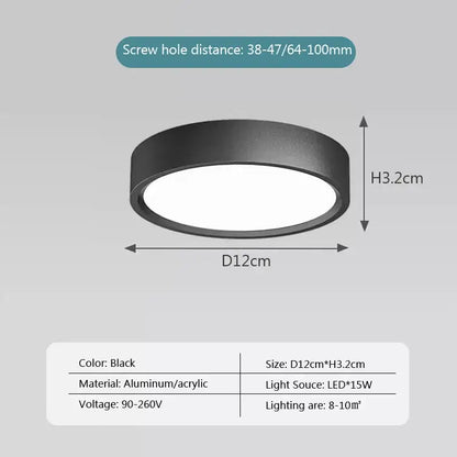Black circular DecorBites™ minimalist ceiling light with aluminum and acrylic design measuring 12cm diameter