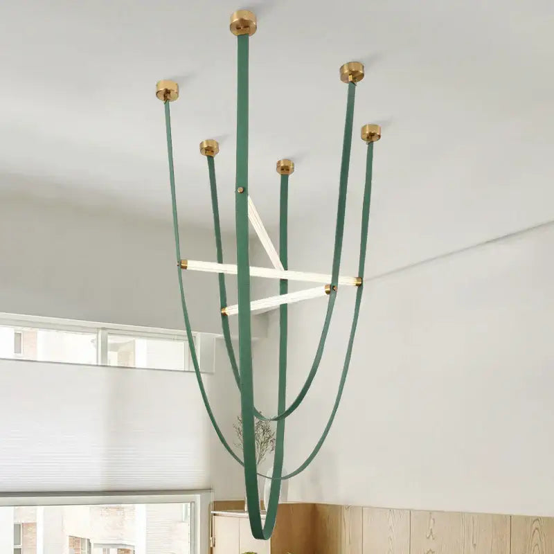Modern green leather chandelier pendant lamp with brass accents and geometric design decorbites led minimalist chandelier