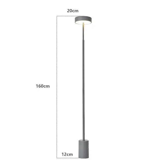 Modern gray decorbites led minimalist floor lamp with sleek cylindrical base and circular light head for living room decor