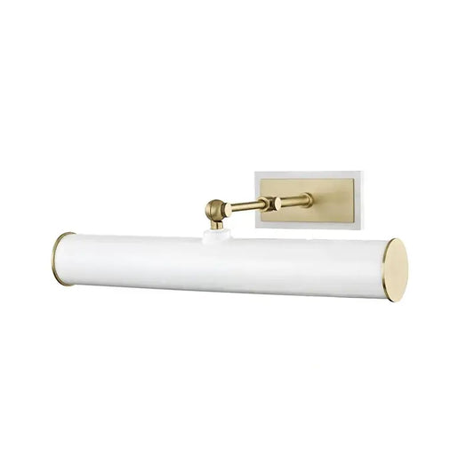 A sleek white cylindrical wall sconce with gold accents and brass backplate for decorbites™ led mirror cabinet lighting