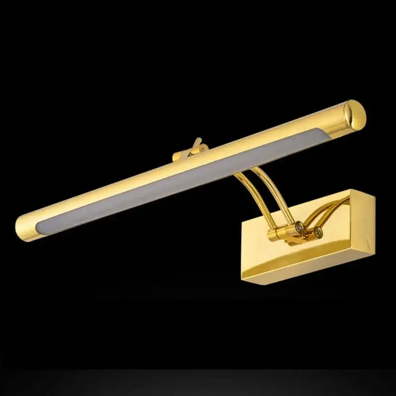 Gold-finished decorbites led mirror light with sleek rectangular design and curved arms for bathroom wall decor