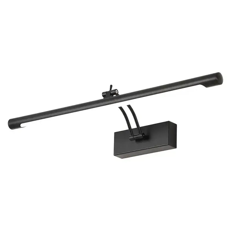 Black matte led mirror light with rectangular base and cylindrical bar for bathroom wall decor by decorbites