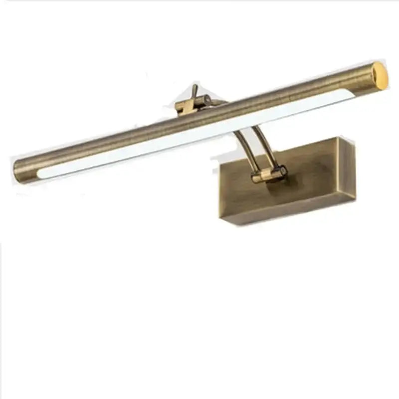 Antique brass-finished wall-mounted decorbites led mirror light with adjustable arm and sleek elongated bar design for bathroom decor