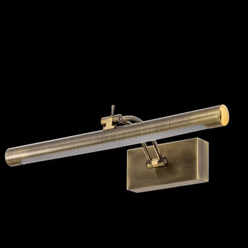 Antique brass-finished decorbites led mirror light with sleek cylindrical bar and adjustable arm for bathroom wall decor