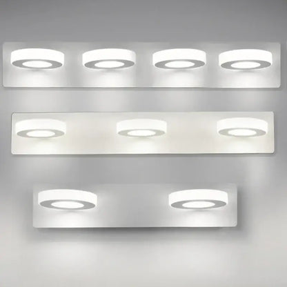 Modern white decorbites led mirror light with circular bulbs in sleek acrylic rectangular panels for indoor bathroom use