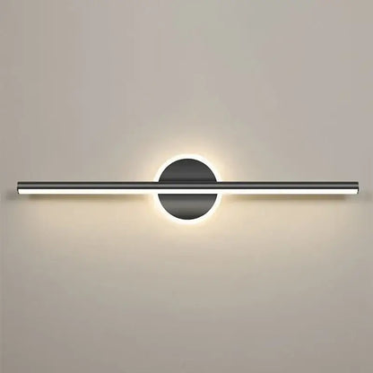 Modern black minimalist wall lamp decorbites led mirror with cylindrical bar and circular base emitting warm ambient light