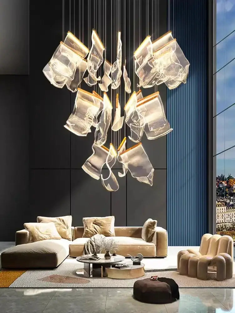 A decorbites led modern ceiling chandelier with translucent glass and gold accents for living room and staircase