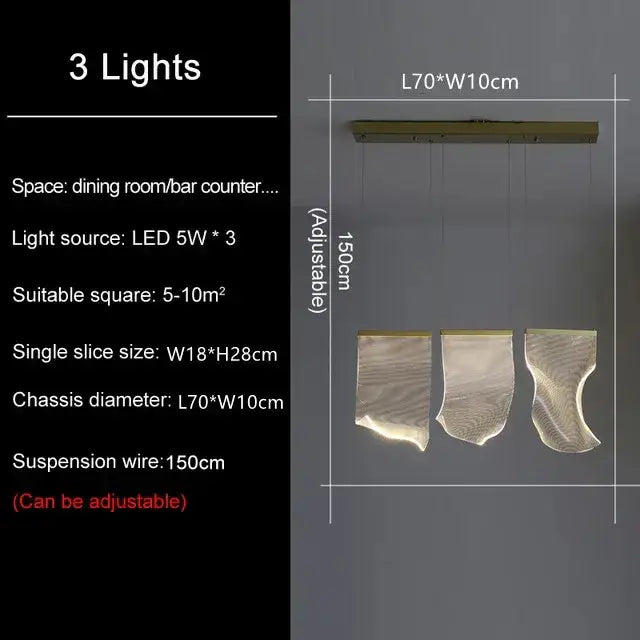 Decorbites led modern ceiling chandelier with three adjustable translucent glass slices on metallic frame for living room use