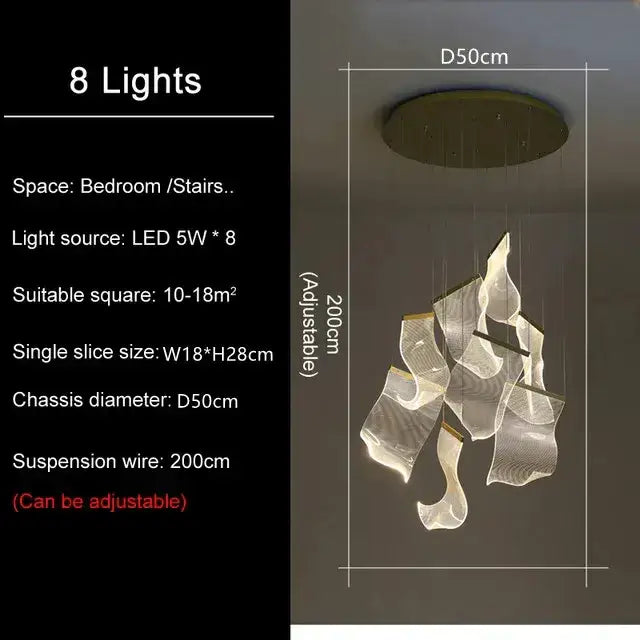 Decorbites led modern ceiling chandelier with flame-shaped translucent glass panels and gold-toned base for living spaces