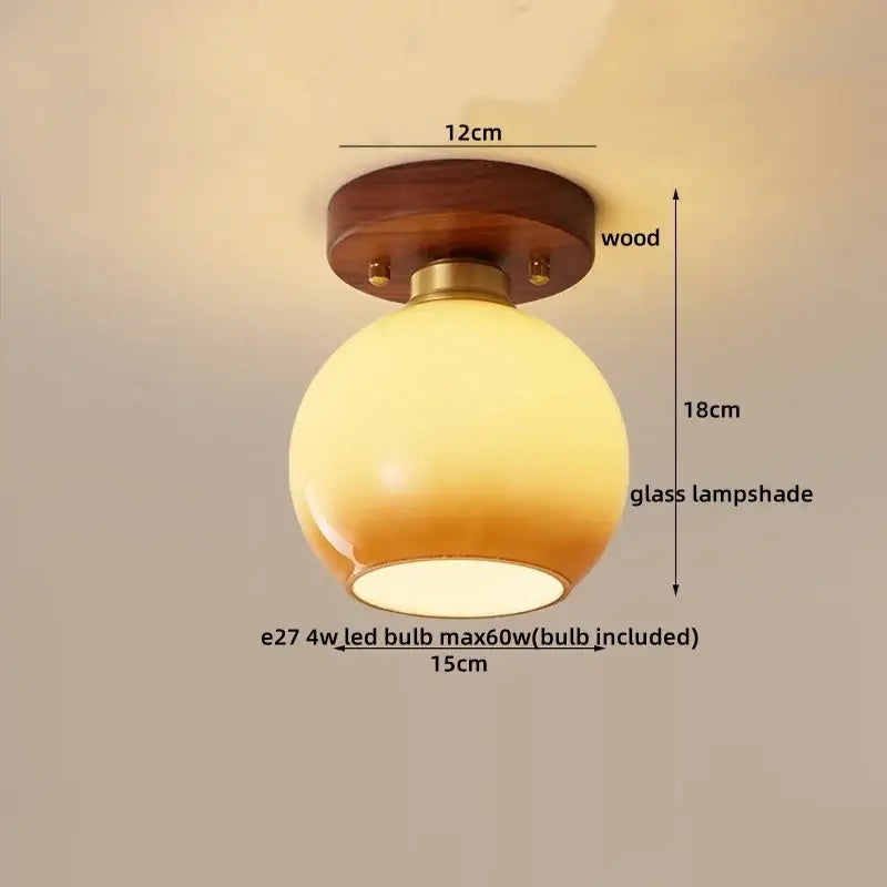 Decorbites led modern ceiling light with warm-toned glass lampshade, wooden base, and brass accents for indoor use