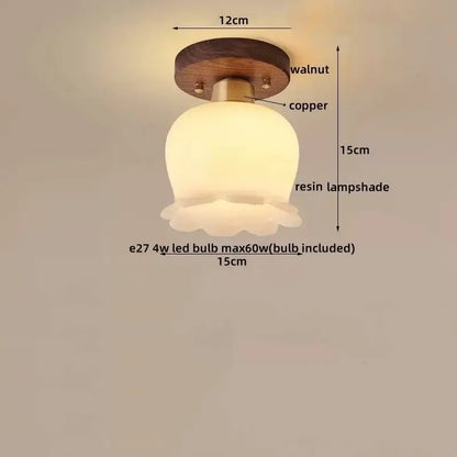 Decorbites led modern ceiling light with warm resin flower shade, walnut base, and copper accents for indoor use