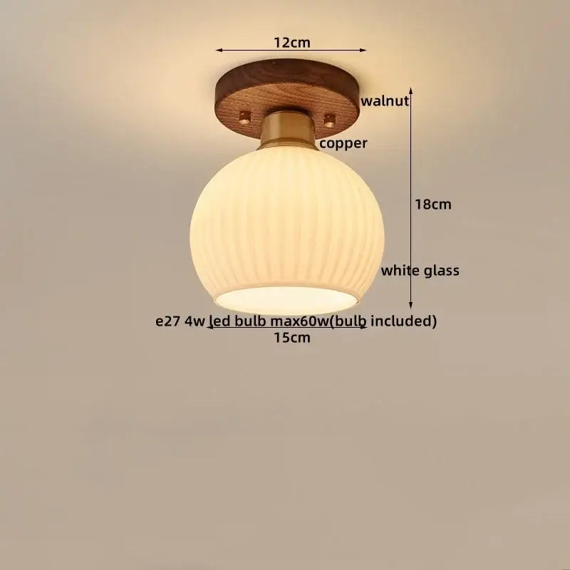 Decorbites led modern ceiling light with warm white ribbed glass pendant and copper hardware on walnut wood disc