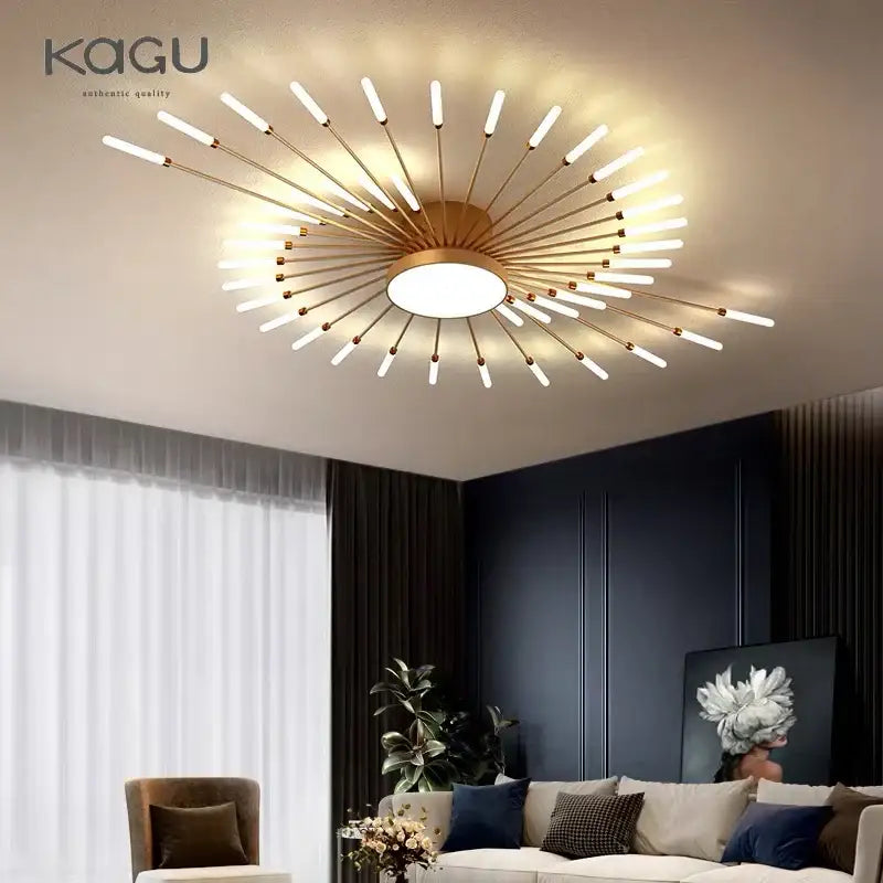 Gold-toned kagu modern ceiling light with radiating frosted glass rods by decorbites for bedroom hall and living room