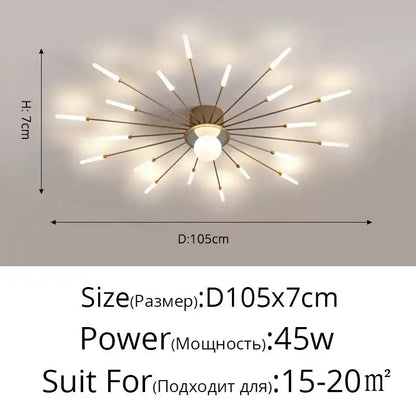 Decorbites™ modern ceiling light with brass finish and white led rods radiating from central globe for bedroom and living room