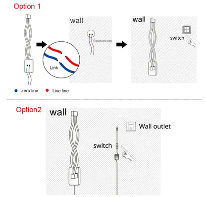 The image shows two wiring options for decorbites led modern wall lamp with twisted wires and link connector