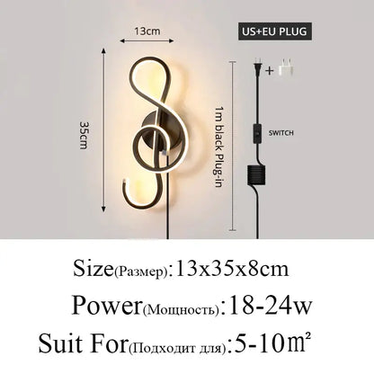Modern black and white decorbites led modern wall lamp shaped like a treble clef for bedroom and living room lighting
