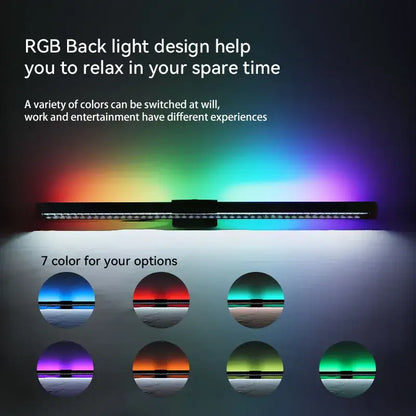 A sleek black decorbites led monitor bar desk lamp with rgb rgb strip light and seven customizable color options