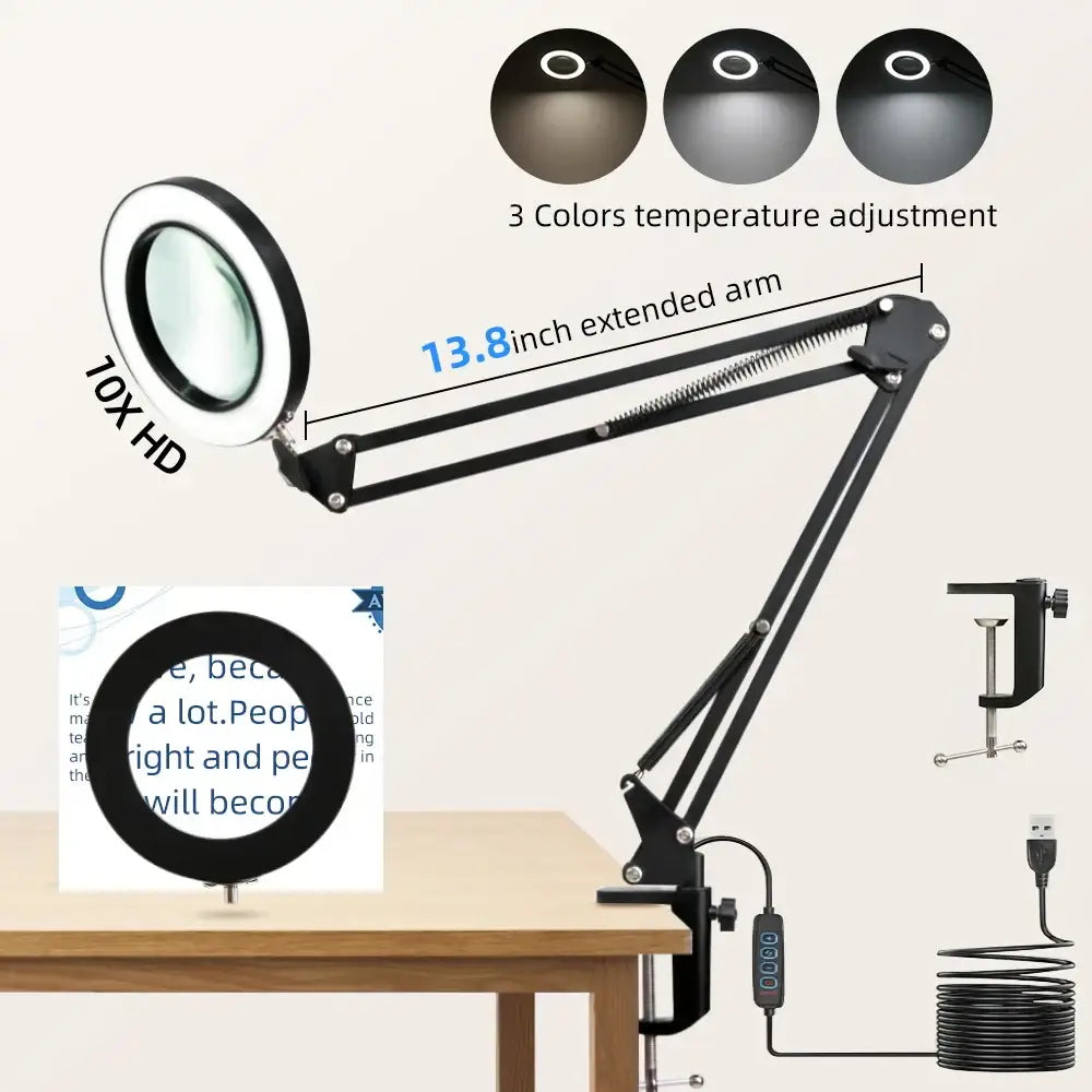 Black 10x hd magnifying desk lamp with adjustable arm and three color temperatures for decorbites led monitor desk use