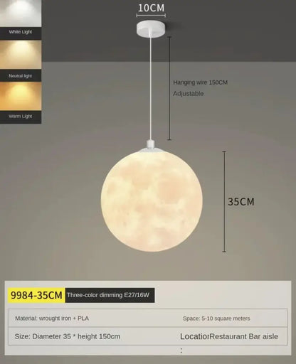 A 35cm diameter warm textured spherical decorbites led moon planet ceiling pendant light with adjustable wire