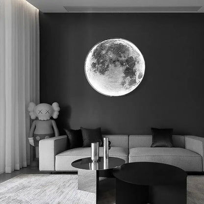 Decorbites led moon wall lamp featuring a circular black and white detailed moon design with metallic finish for bedroom decor