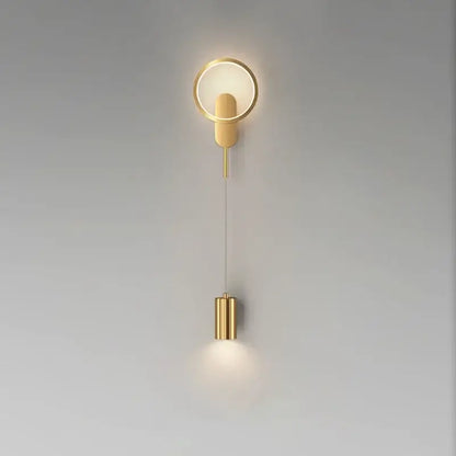 Gold-toned decorbites led moon wall light with circular ring and cylindrical pendant for American style bedroom decor