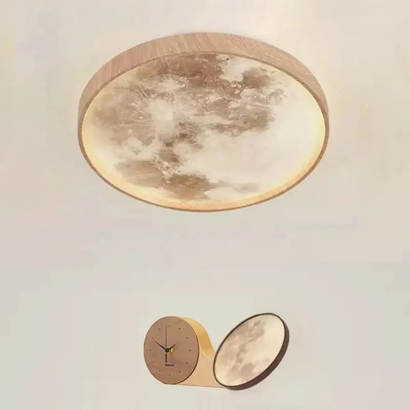 Circular decorbites led moon wood ceiling light with walnut frame and matching lunar motif wall clock for home decor