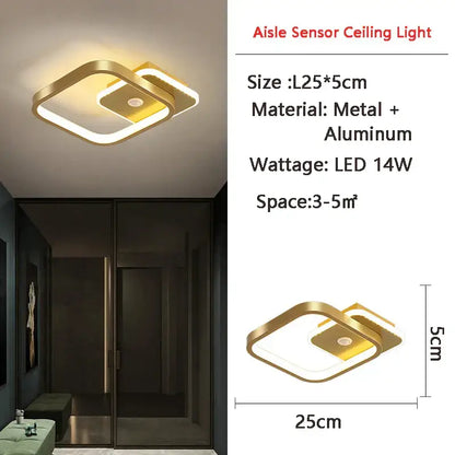Gold-finished metal and aluminum decorbites led motion sensor ceiling lamp with modern square design for indoor use