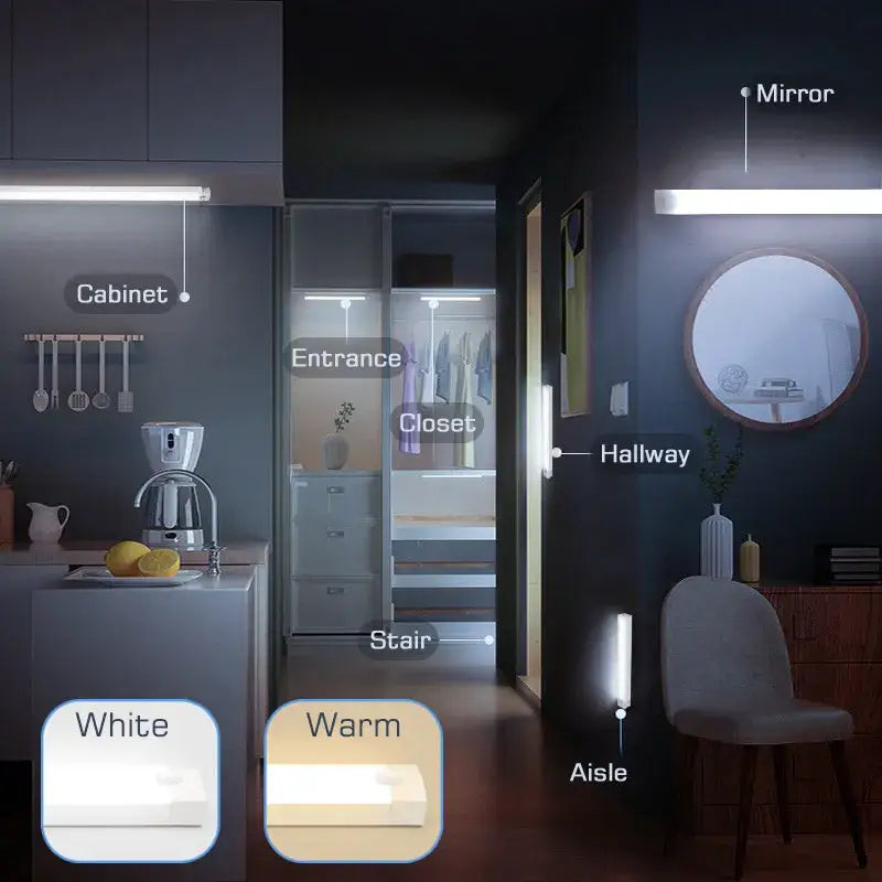 DecorBites™ LED motion sensor light bar in a minimalist hallway with dark walls and light furniture for hands-free lighting