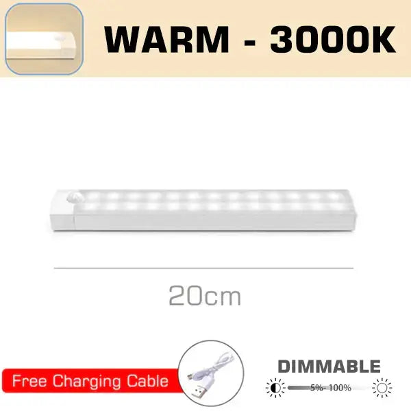 Decorbites led motion sensor night light with rechargeable white led strip warm 3000k dimmable illumination