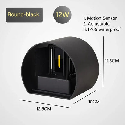 Black round DecorBites LED motion sensor wall lamp 12w power IP65 waterproof for indoor outdoor use