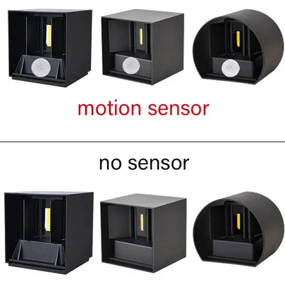 Black square and cylindrical decorbites led motion sensor wall lamp with circular white sensor for indoor outdoor use