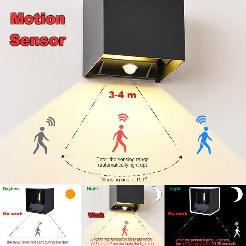 Black rectangular DecorBites LED motion sensor wall lamp with gold trim emitting warm yellow light for indoor outdoor use