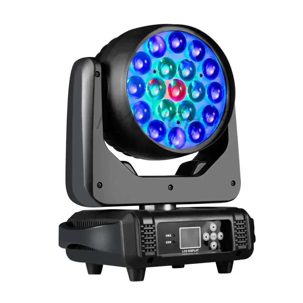 Black decorbites led moving head spotlight with 18 color-changing bulbs in circular pattern for dynamic lighting effects
