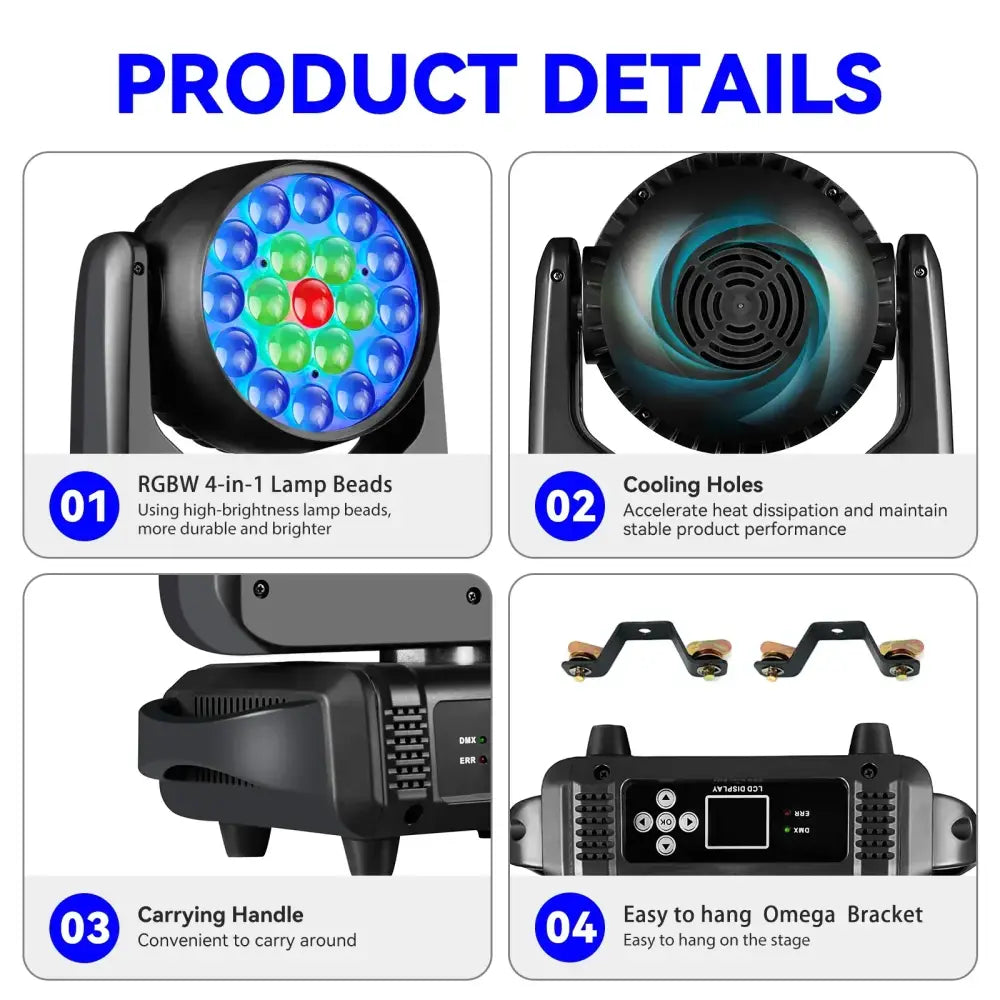 Black decorbites led moving head with 19x15w rgbw 4-in-1 high-brightness lamp beads and cooling holes