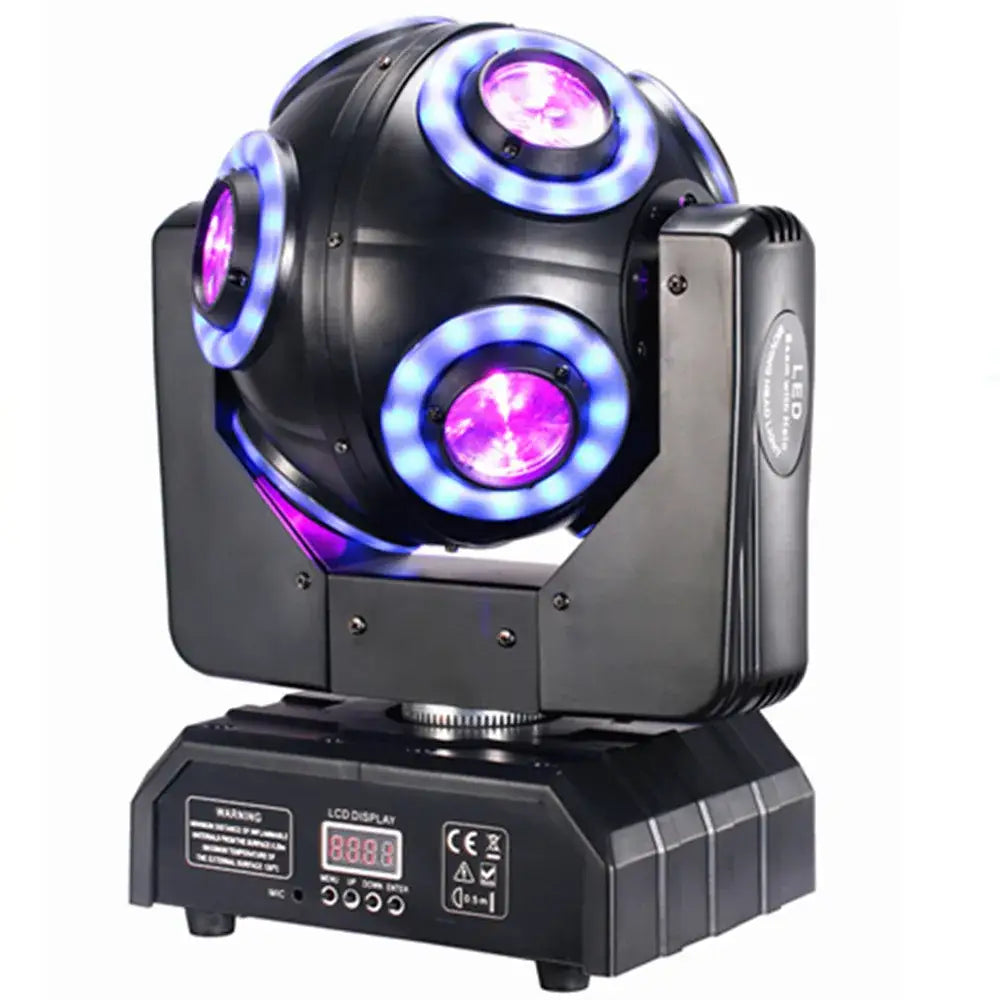 Decorbites led moving head beam light with three rotating purple and blue illuminated lenses for dj stage use