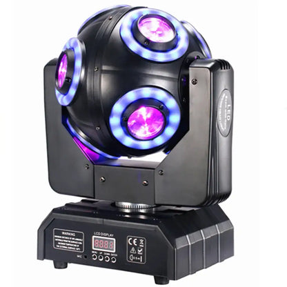 Decorbites led moving head beam light with three rotating purple and blue illuminated lenses for dj stage use