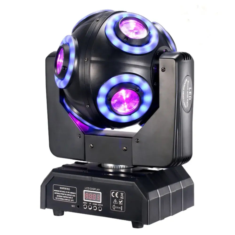 Decorbites led moving black led moving head spotlight with three rotating purple lights and blue halo leds for dj stage