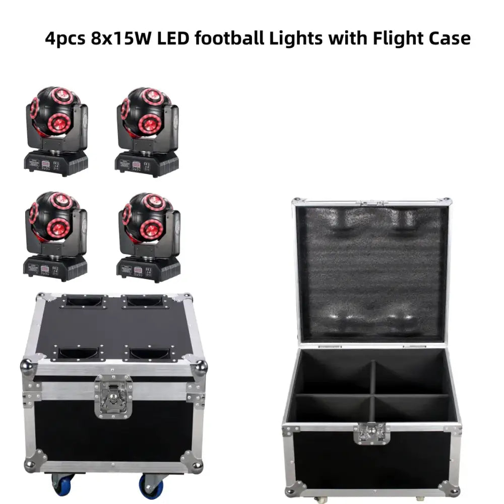 Set of four black decorbites led moving head beam lights with red lenses mounted in a flight case for dj stage use