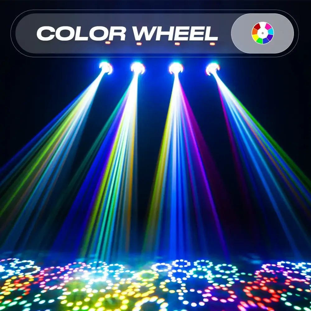 DecorBites led moving head light with 10 gobos casting vibrant rainbow beams and circular patterns for events