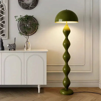 Olive green DecorBites LED mushroom floor lamp with twisted base and warm yellow light for living room and bedroom