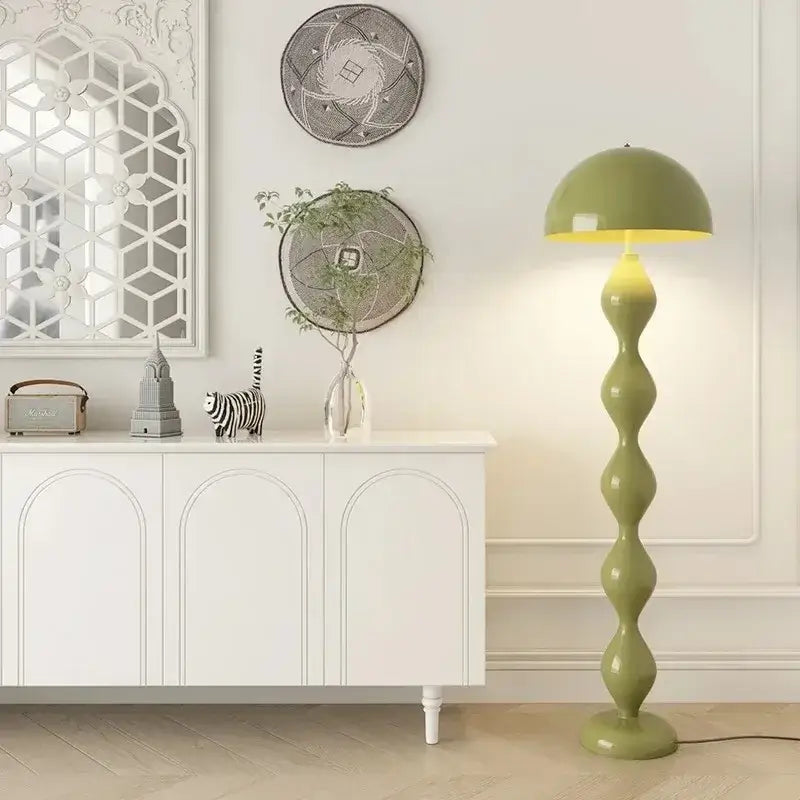 Olive-green decorbites led mushroom floor lamp with sculptural glossy wave-like base for living room and bedroom use