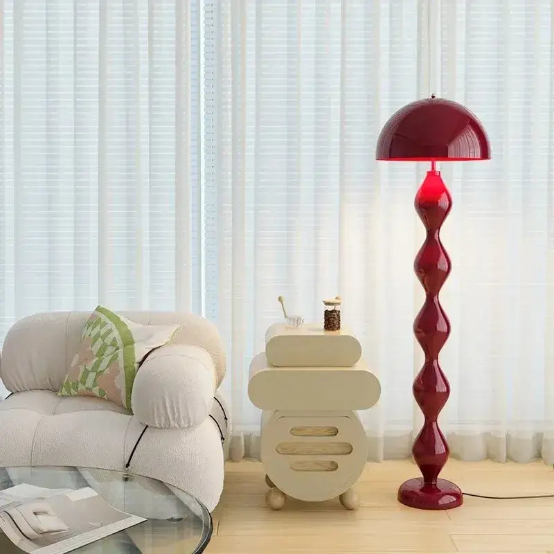 Glossy deep red DecorBites LED mushroom floor lamp with twisted stem and dome shade for living room and bedroom