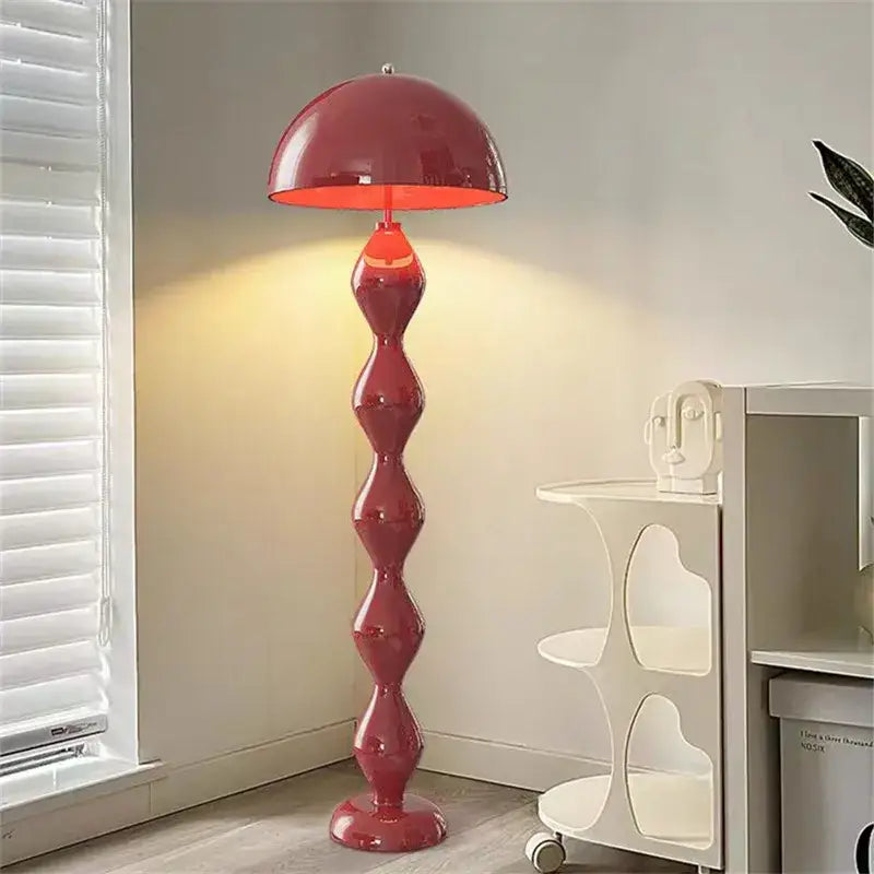 Vibrant red decorbites led mushroom floor lamp with glossy segmented stem for living room and bedroom lighting