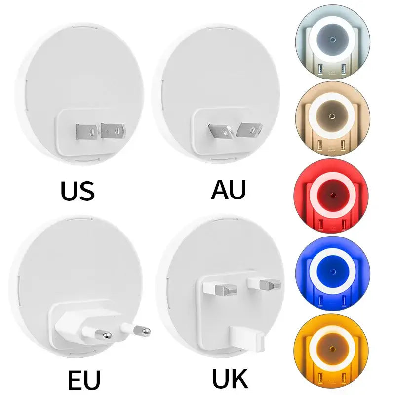 White circular DecorBites led night light with smart sensor plug-in and led ring available in multiple plug types and colors